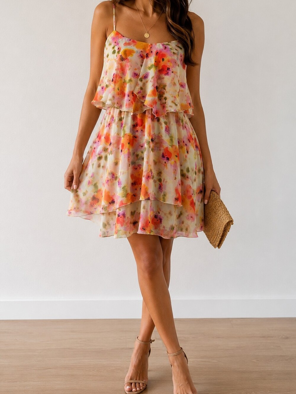 Guess Floral Tiered Mini Dress in White with Pink and Orange Accents Size Small